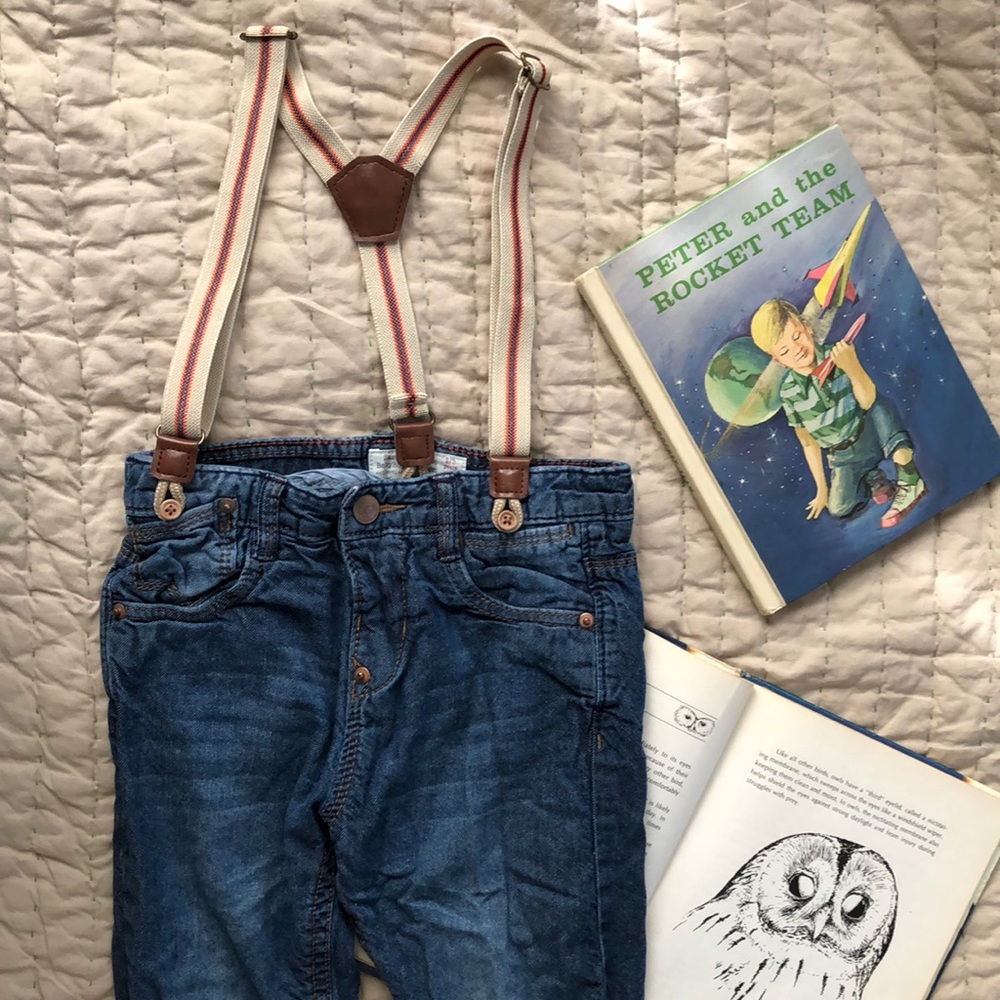 Zara soft jeans with suspenders 12/18M & 2/3T